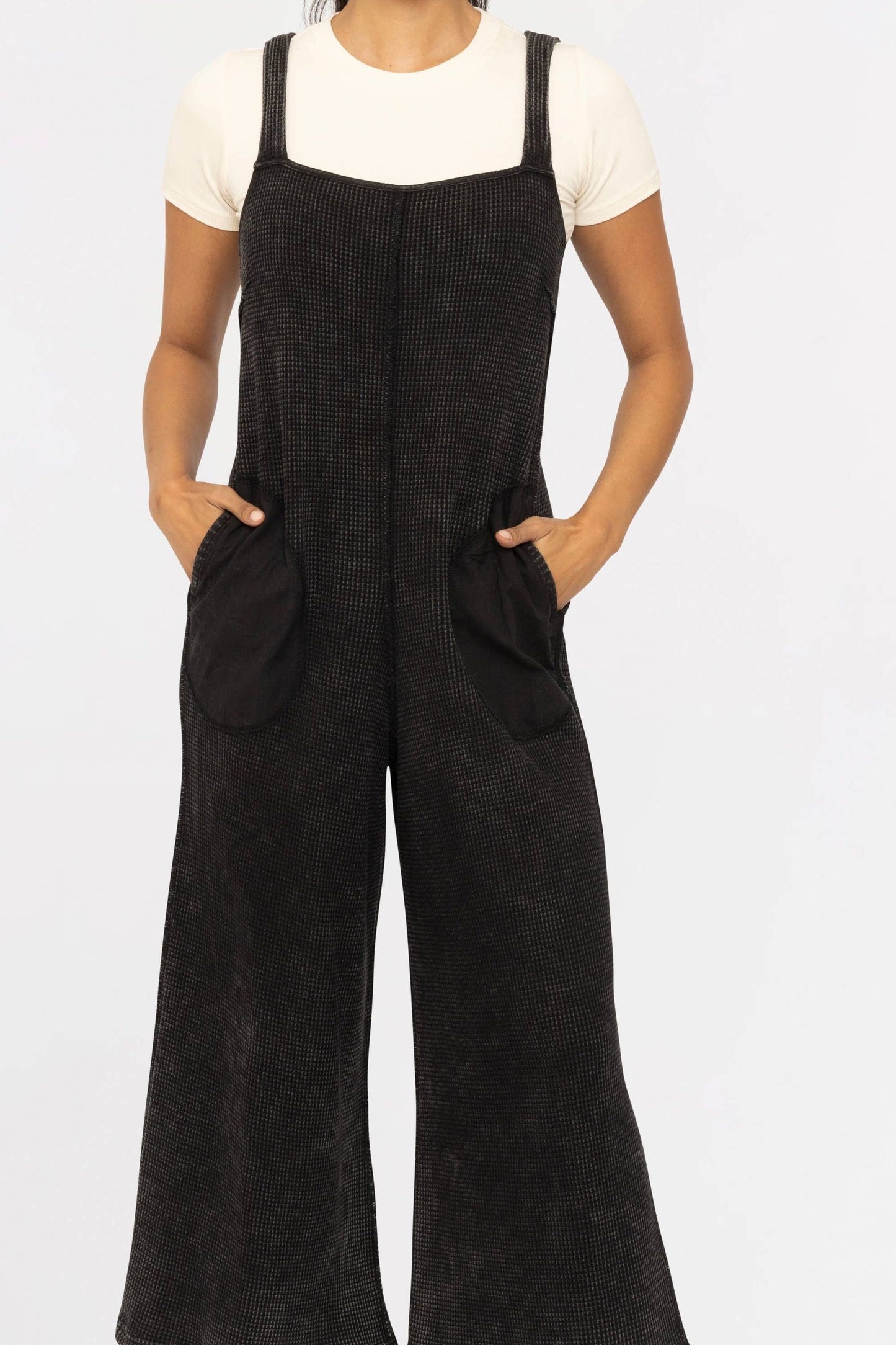 Ribbon Back Waffle Overalls in Black