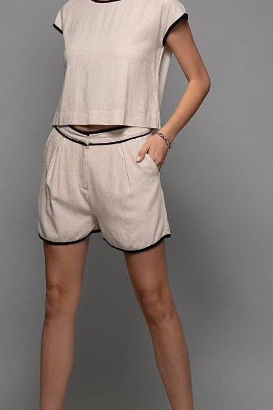 Contrast Trim Cropped Linen Top