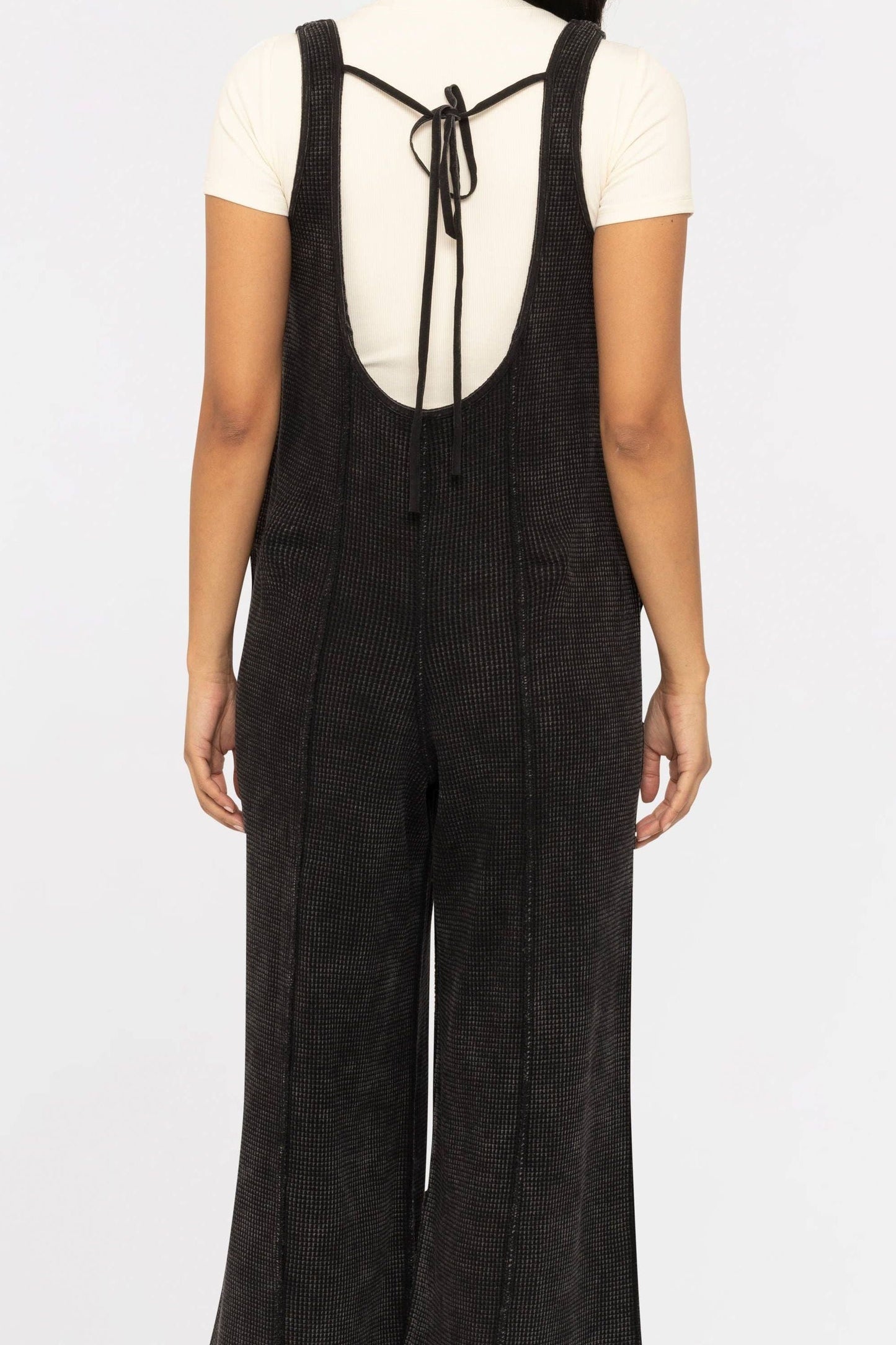 Ribbon Back Waffle Overalls in Black