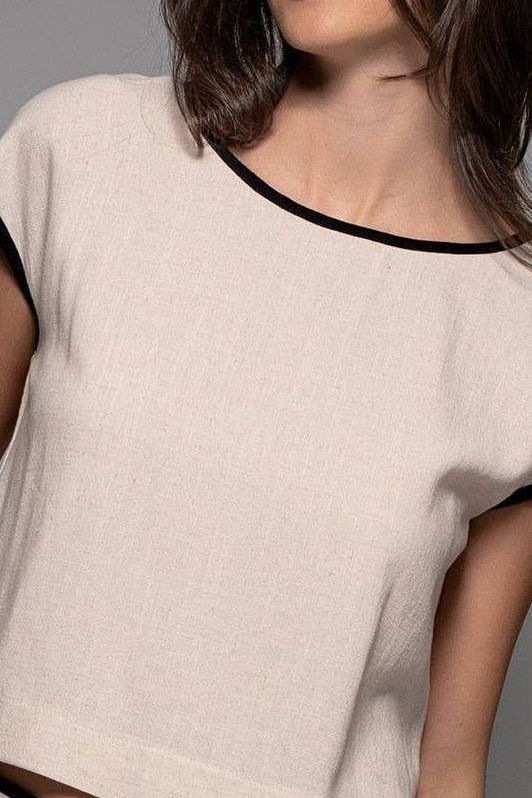 Contrast Trim Cropped Linen Top