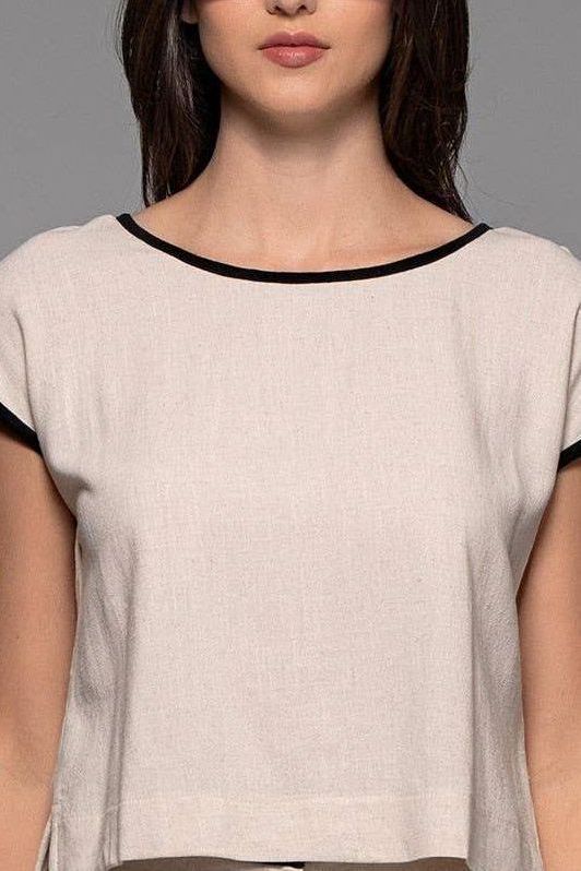 Contrast Trim Cropped Linen Top