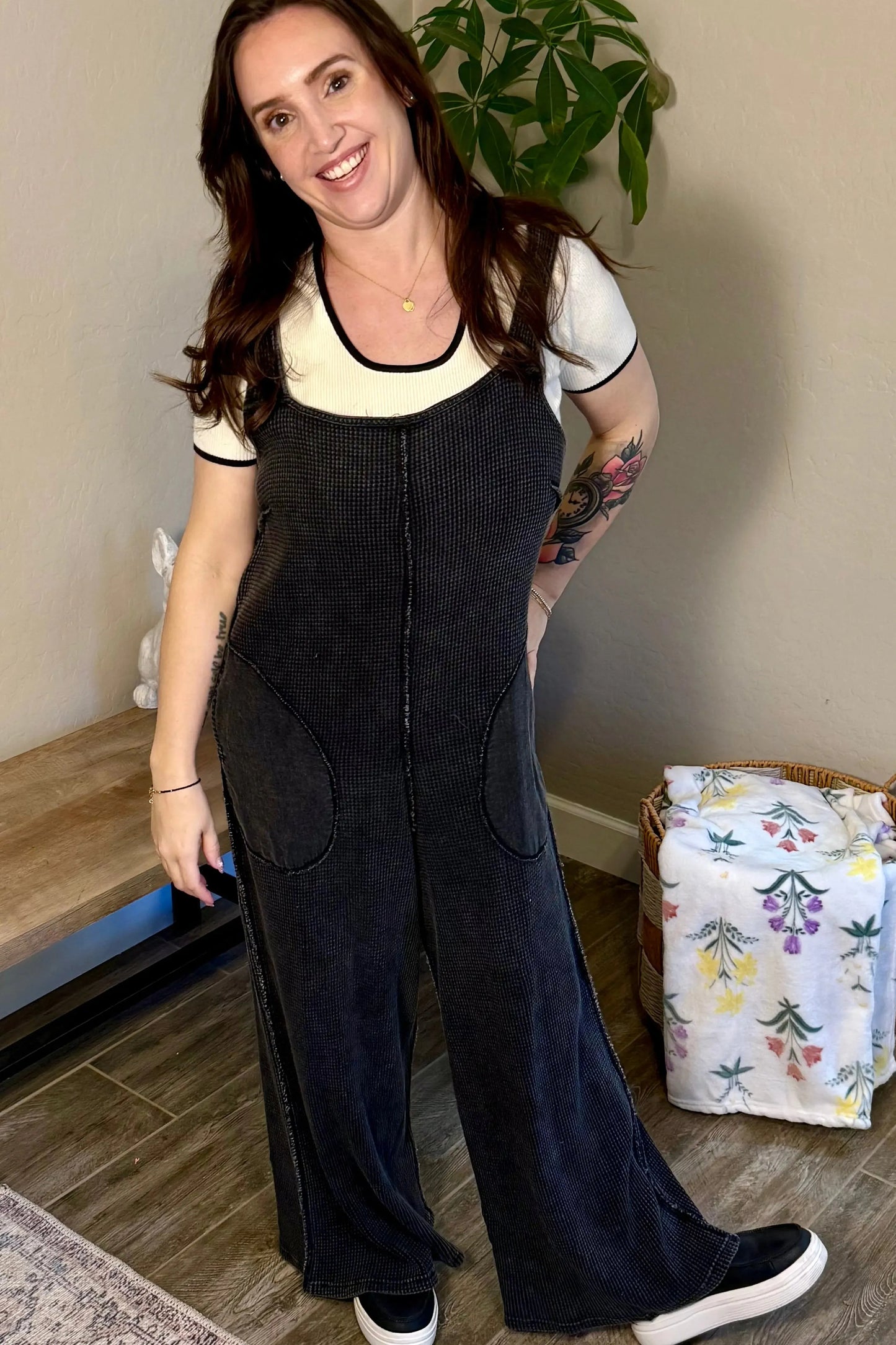 Ribbon Back Waffle Overalls in Black