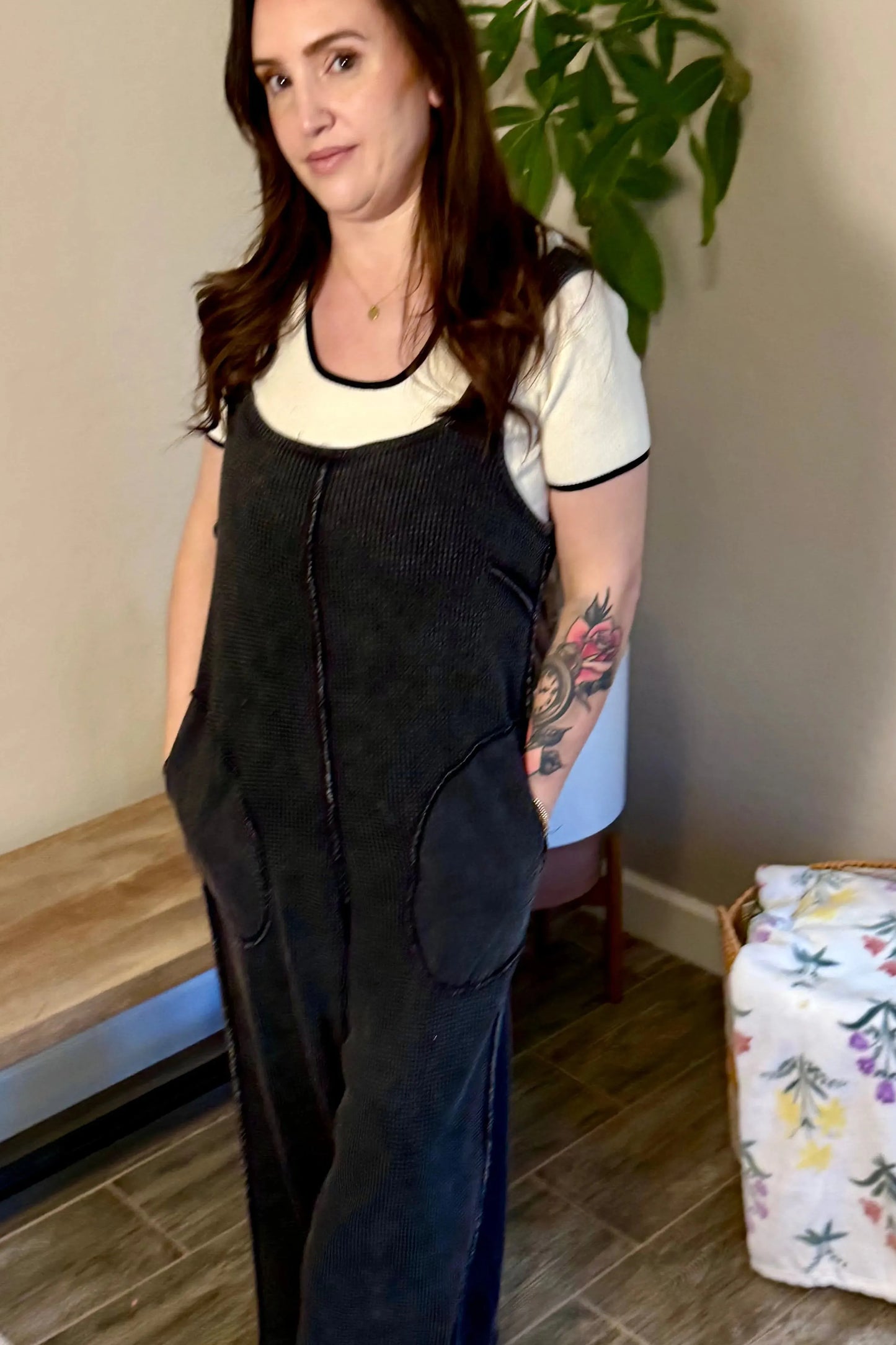 Ribbon Back Waffle Overalls in Black
