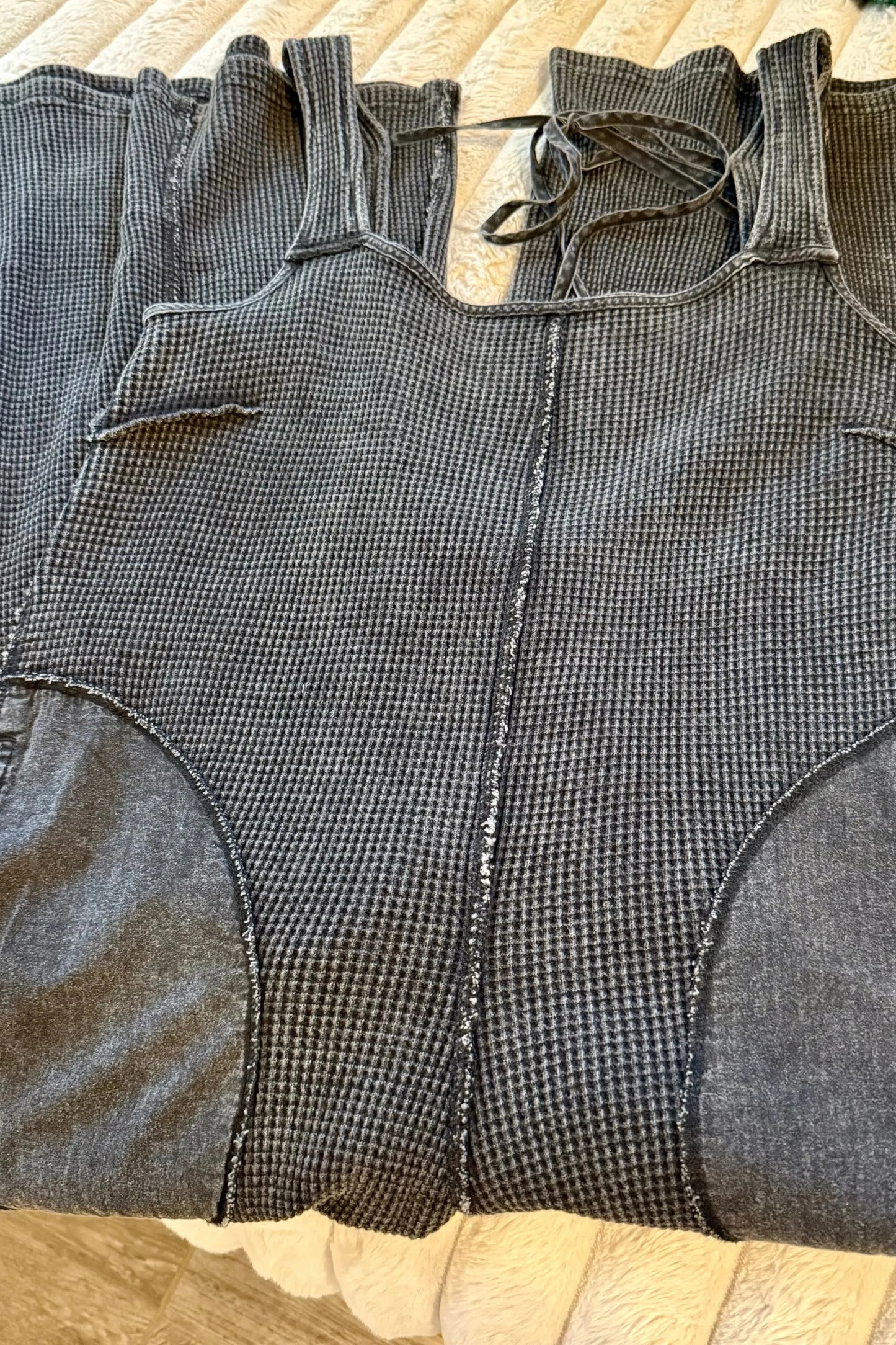 Ribbon Back Waffle Overalls in Black