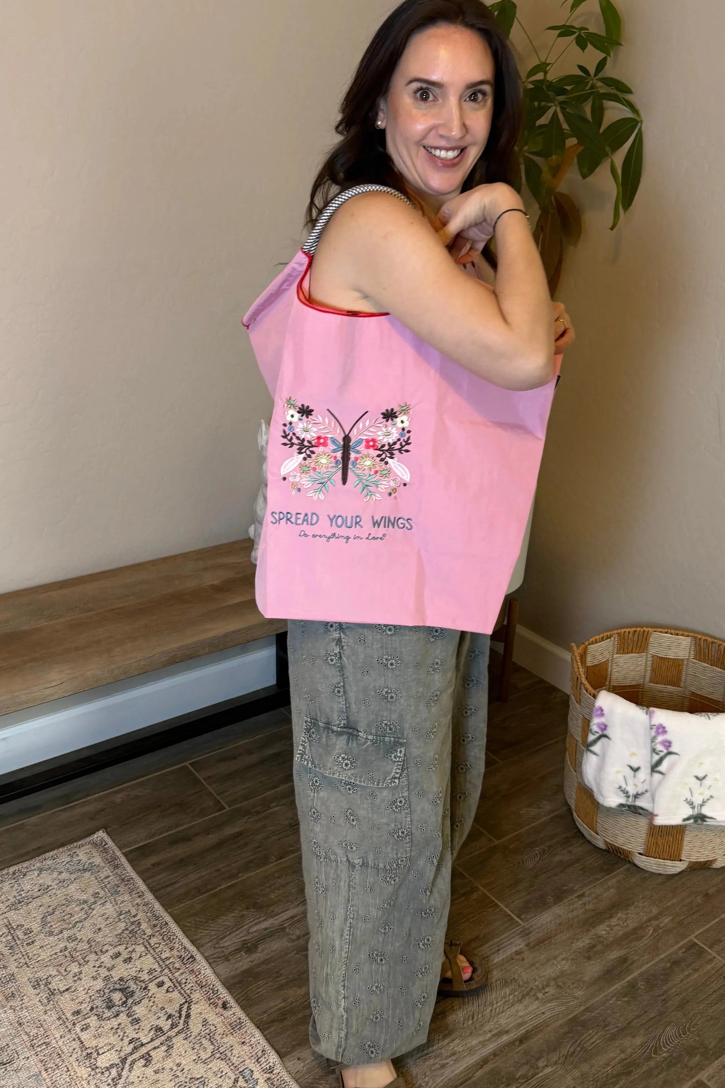 Butterfly Floral Embroidered Oversized Tote Bag