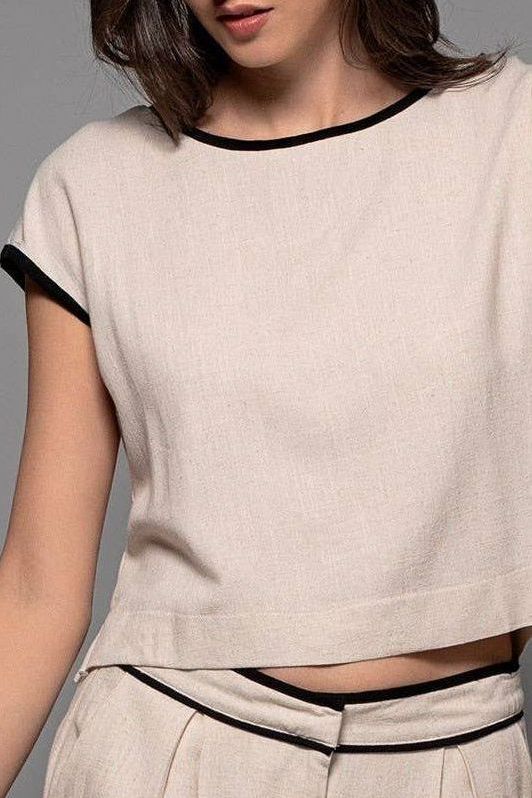 Contrast Trim Cropped Linen Top