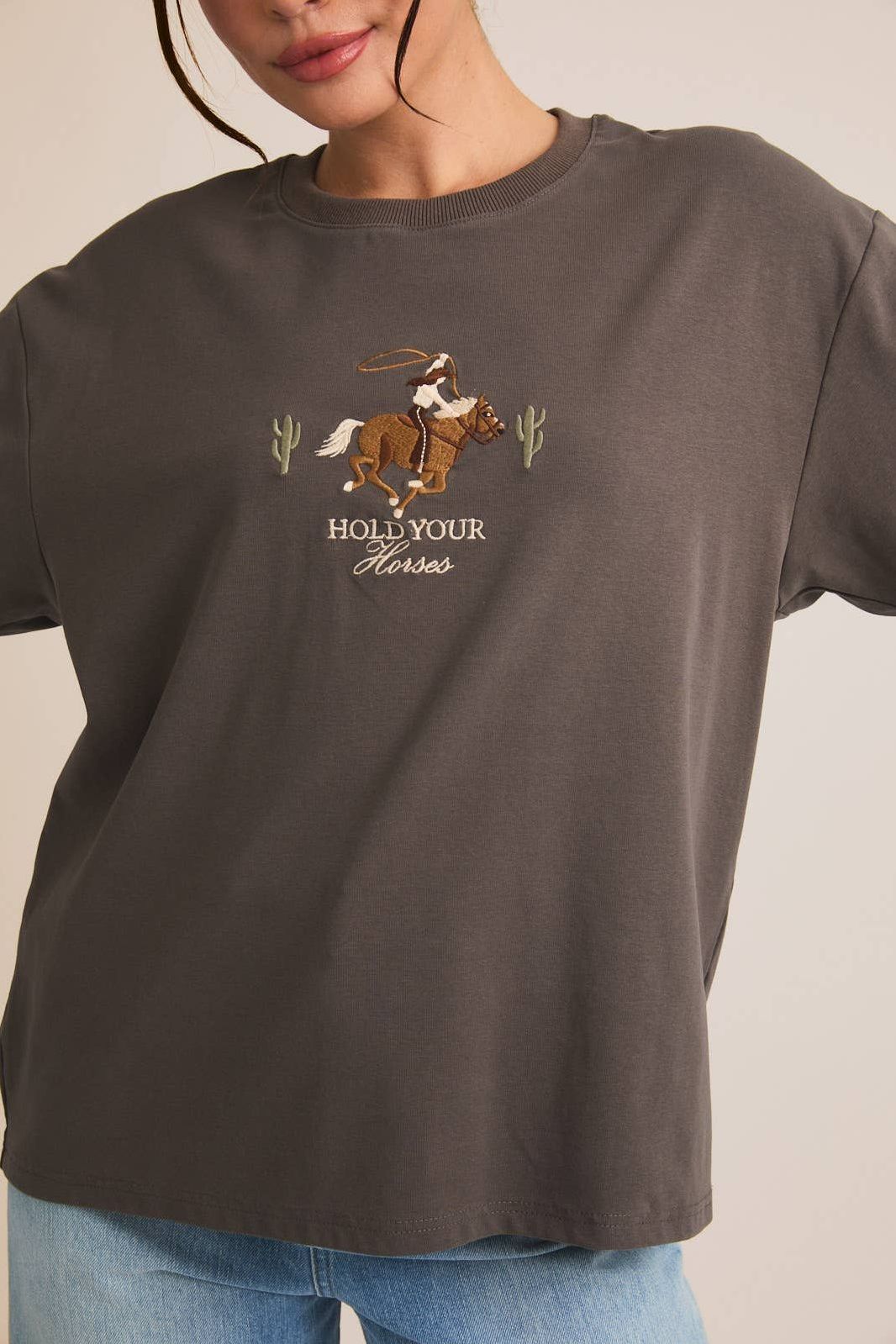 "HOLD YOUR HORSES" EMBROIDERED T-SHIRT