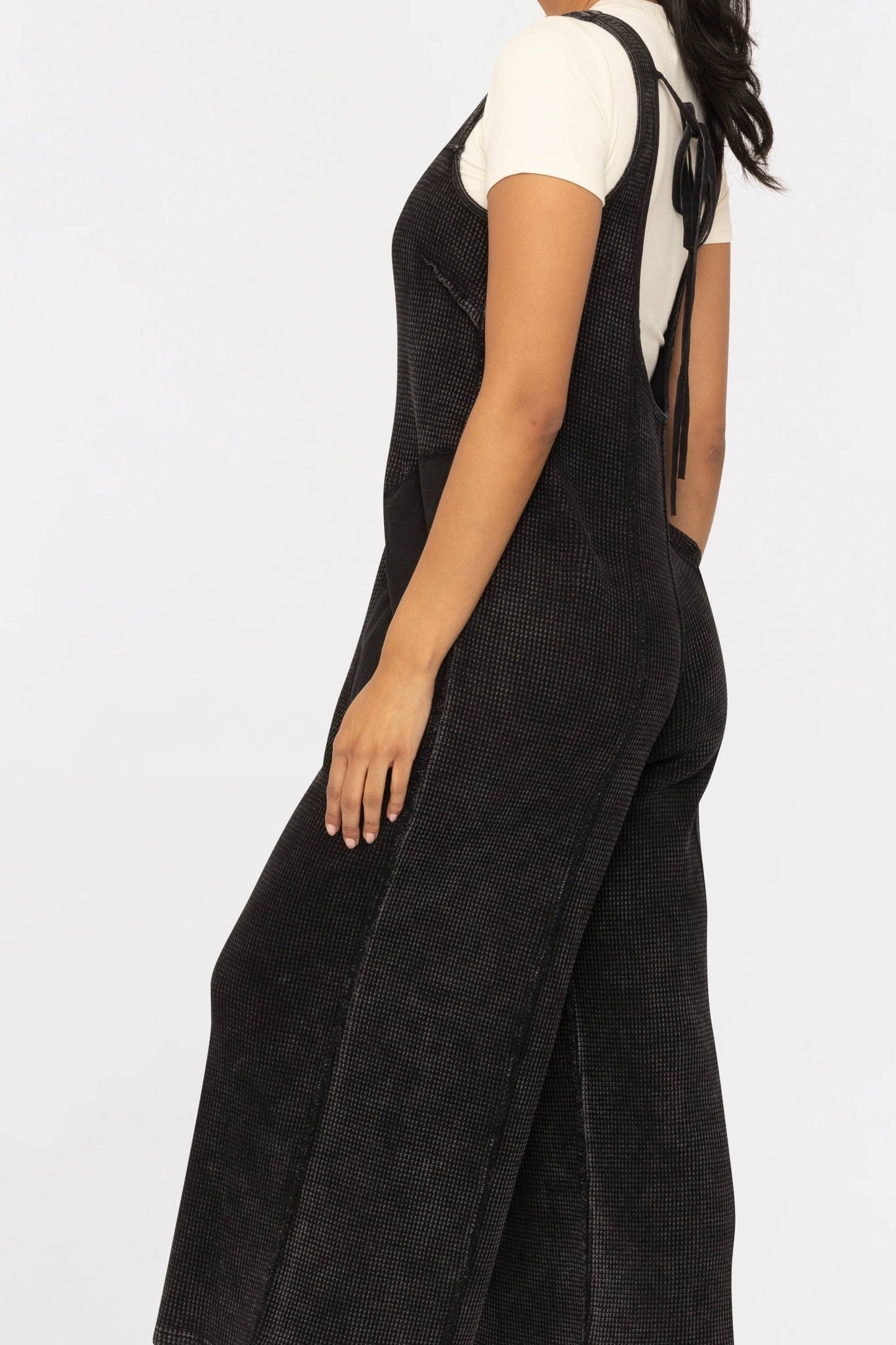 Ribbon Back Waffle Overalls in Black