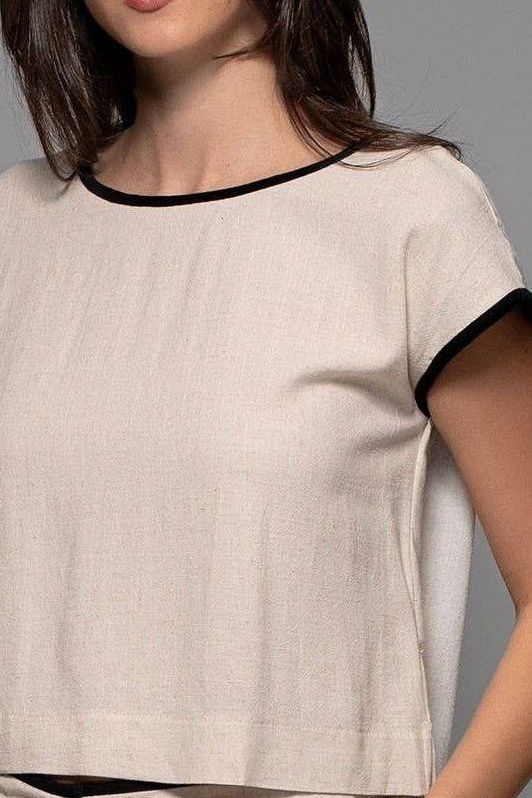 Contrast Trim Cropped Linen Top