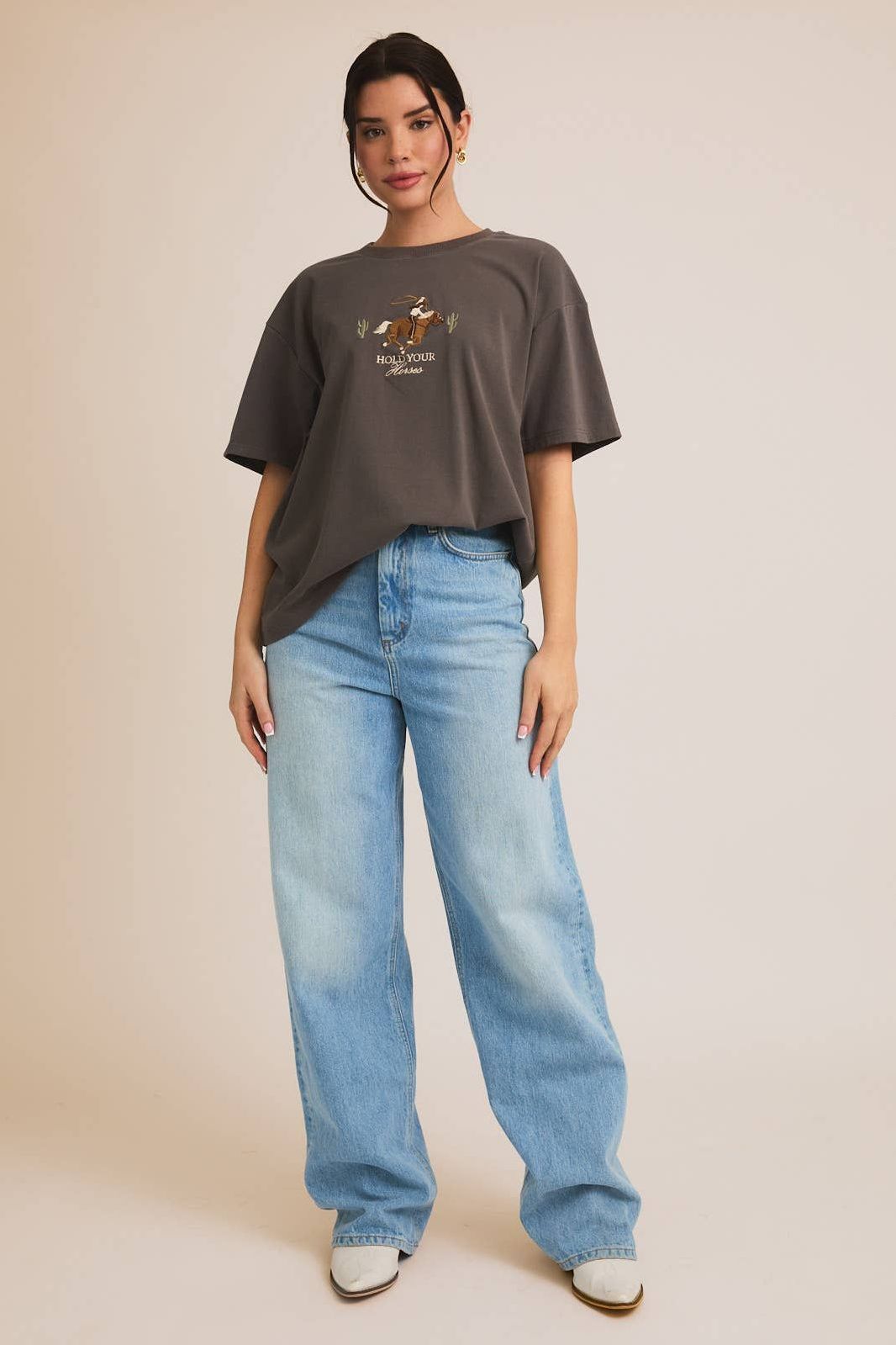 "HOLD YOUR HORSES" EMBROIDERED T-SHIRT