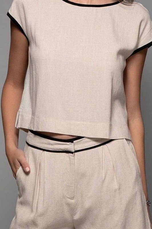 Contrast Trim Cropped Linen Top